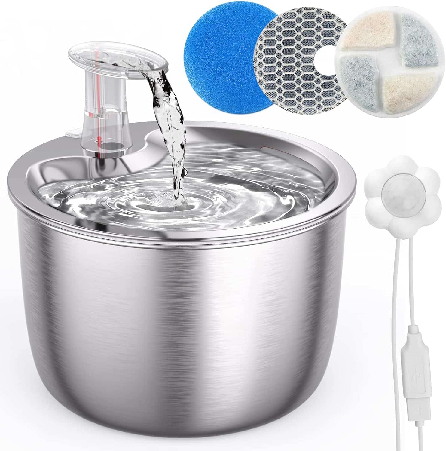 Fuente automática para gatos y perros de UKOFEW con sensor de infrarrojos, 2L de capacidad, acero inoxidable 304, filtración avanzada y diseño silencioso. Ajustable y fácil de limpiar.