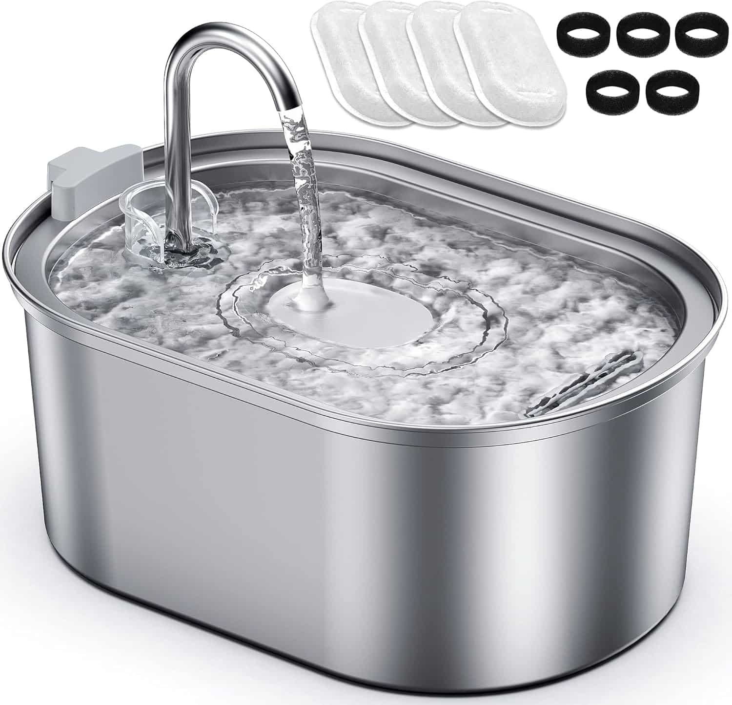 Petace Fuente de agua para Gatos y Perros 3,2 L de Acero Inoxidable Mas 4 Filtros de Carbón Activado y 5 Esponjas - Bebedero Silencioso con Triple Filtración